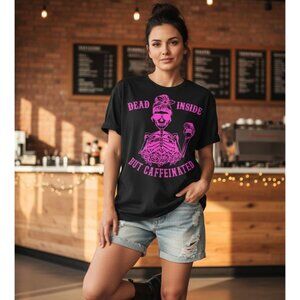 Dead Inside But Caffeinated Womens Black Graphic Tee XL Heavy Cotton